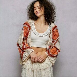 POL Boho Crochet Sweater in Cream and Orange NWT One Size